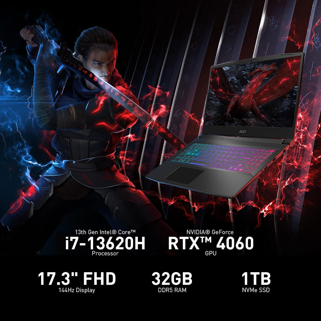 msi Katana 17 Gaming Laptop: 13th Gen Intel Core i7, GeForce RTX 4060, 17.3' 144Hz FHD Display, 32GB DDR5, 1TB NVMe SSD, USB-Type C, Cooler Boost 5, Win11 Home: Black B13VFK-835US