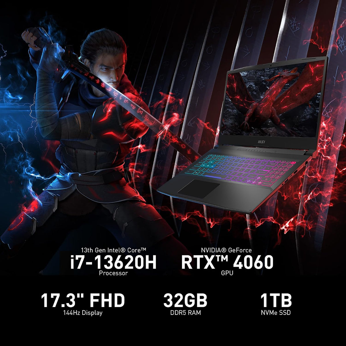 msi Katana 17 Gaming Laptop: 13th Gen Intel Core i7, GeForce RTX 4060, 17.3' 144Hz FHD Display, 32GB DDR5, 1TB NVMe SSD, USB-Type C, Cooler Boost 5, Win11 Home: Black B13VFK-835US