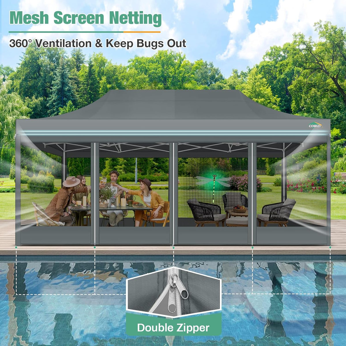 COBIZI 10x20 Canopy Tent, Heavy Duty Pop up Canopy with Sidewalls, Waterproof Easy Setup Canopy with Mosquito Netting, Outdoor Instant Screen Tents for Parties, Wedding with Roller Bag, Gray