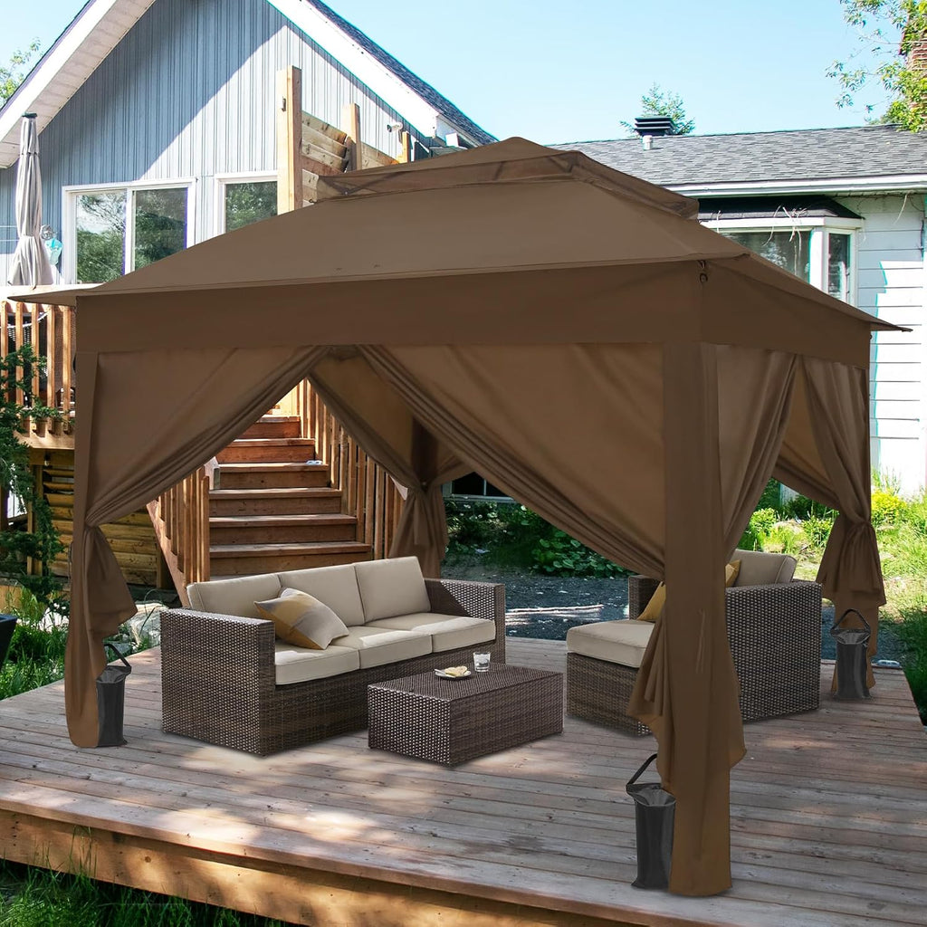 COOS BAY 11x11 Pop Up Gazebo with 4 Sidewalls, Instant Outdoor Canopy Tent with UPF 50+ UV Protection, Water Resistant Shelter with Carry Bag, Stakes & Ropes, Brown