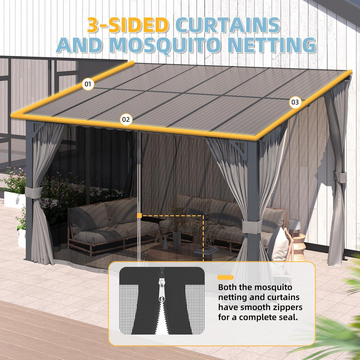 AECOJOY 12' x 8' Gazebo Outdoor Pergola with Curtains and Netting, 8'x12' Hard Top Lean to Pergolas and Gazebos Clearance with Patio Roof, Large Wall-Mounted Heavy Duty Awnings for Patio, Decks