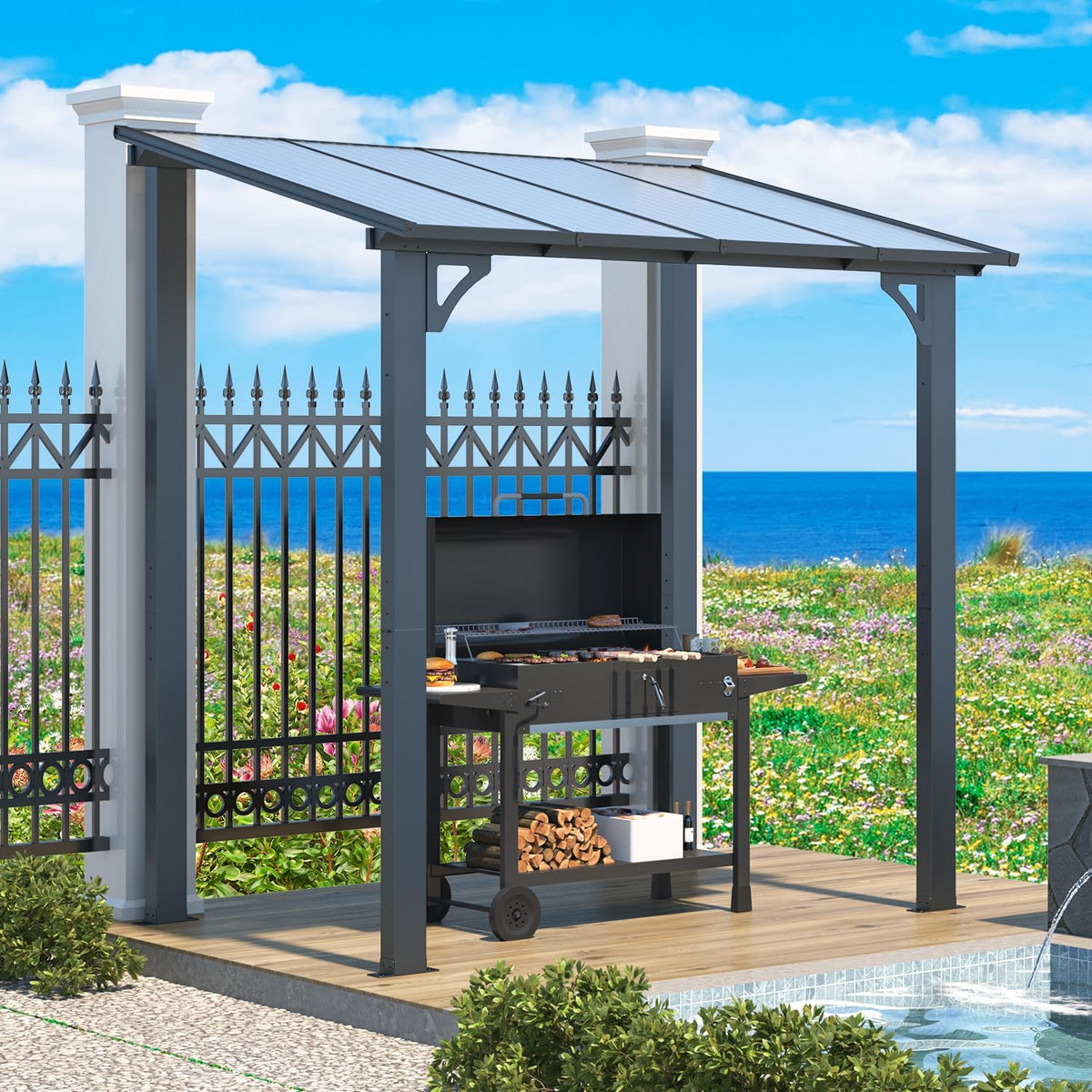 AECOJOY 8' x 5' Grill Gazebo Outdoor Pergola for Patio, 5x8 Lean to Hard Top Grill Gazebo Shelter Pergolas and Gazebos Clearance with Roof, Small Wall-Mounted Heavy Duty Awnings for Patio, Decks