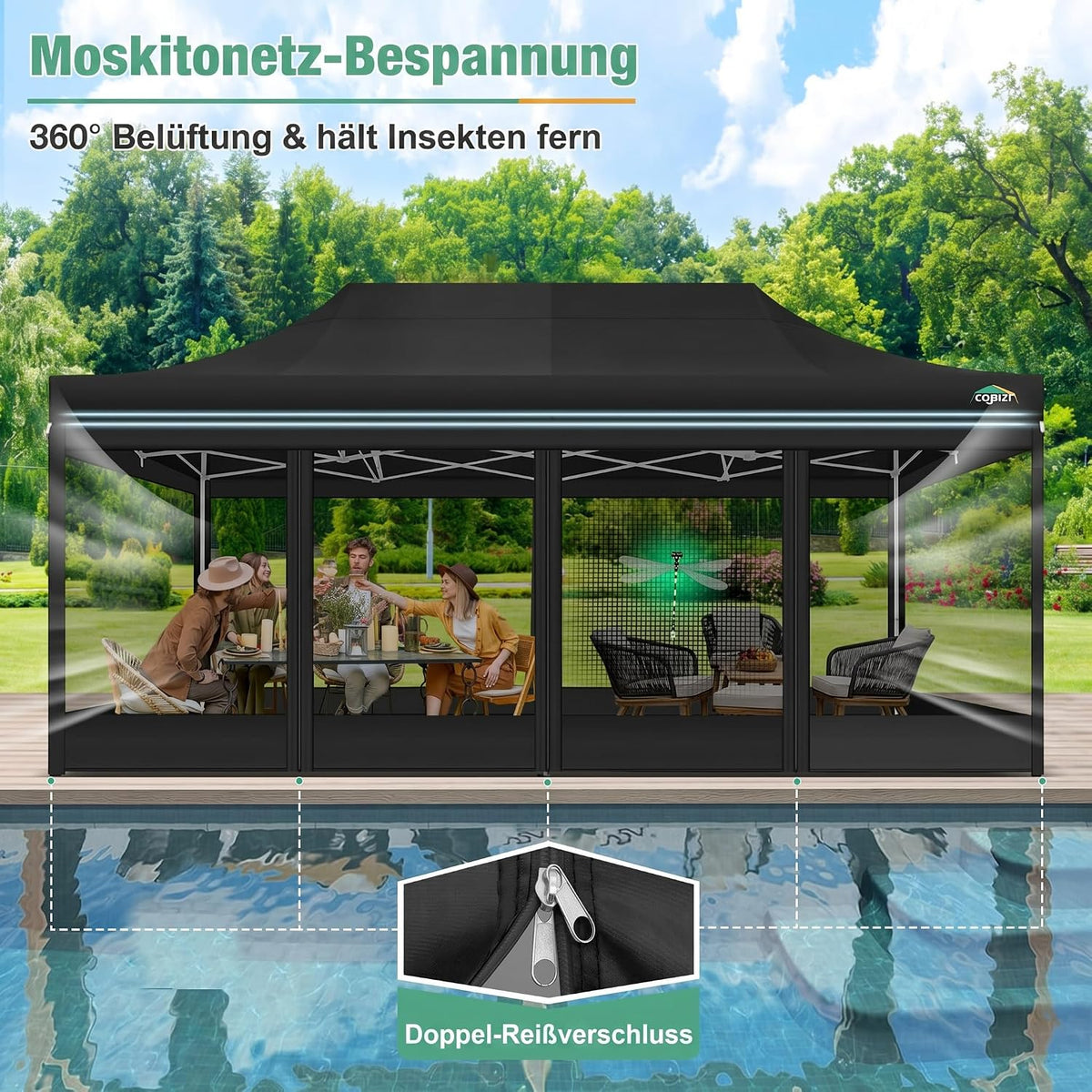 COBIZI 10x20 Canopy Tent, Heavy Duty Pop up Canopy with Sidewalls, Waterproof Easy Setup Canopy with Mosquito Netting, Outdoor Instant Screen Tents for Parties, Wedding with Roller Bag, Black