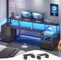 SEDETA 75'' Computer Desk with 5 Drawer, Power Outlet & Led Lights, Home Office Desk with File Drawer, Storage Shelves, Printer Cabinet and Monitor Shelf, 23.6' W Large Desktop Gaming Desk, Black