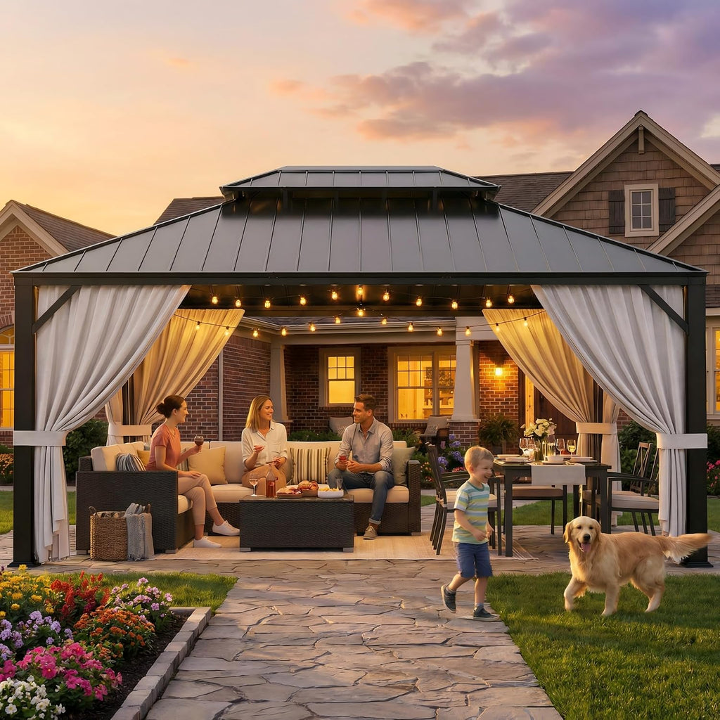IRONCK 12'x16' Outdoor Hardtop Gazebo, Aluminum Patio Gazebo with Galvanized Steel Double Roof, Patio Pergola with Net and Curtain, Backyard Canopy for Garden, Deck, Black Gray