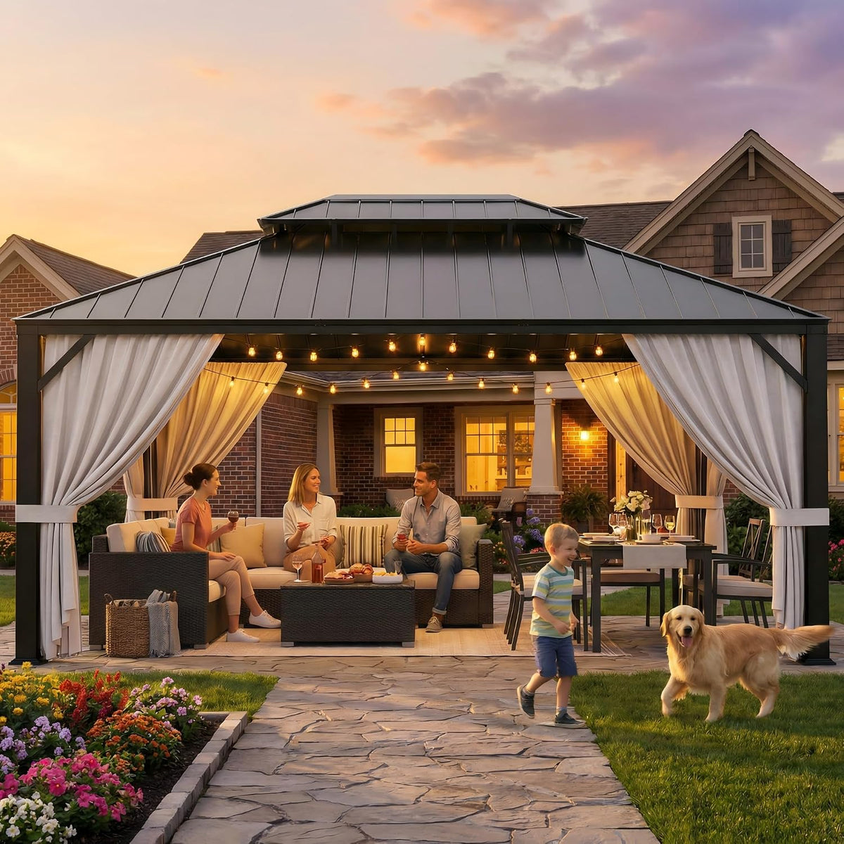 IRONCK 12'x16' Outdoor Hardtop Gazebo, Aluminum Patio Gazebo with Galvanized Steel Double Roof, Patio Pergola with Net and Curtain, Backyard Canopy for Garden, Deck, Black Gray