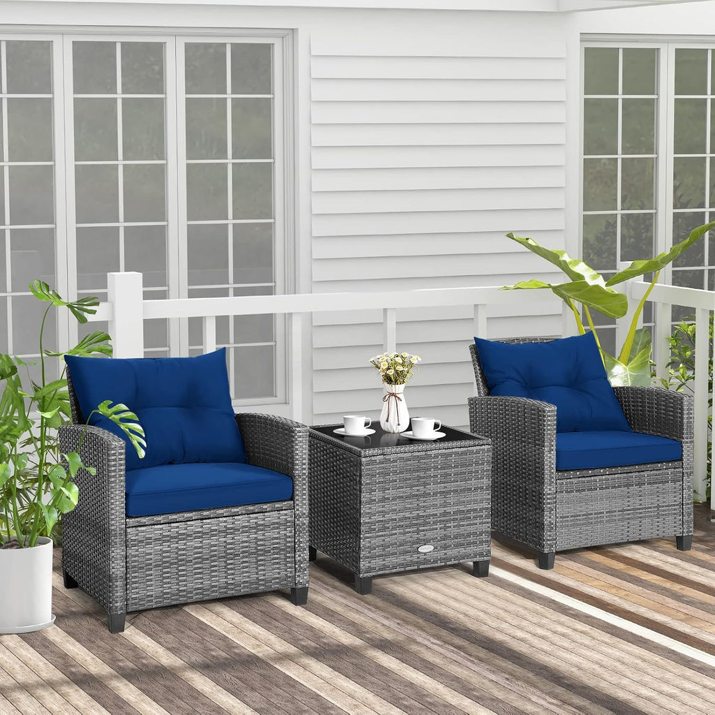 HAPPYGRILL 3 Pieces Patio Conversation Set, Outdoor Furniture Set PE Rattan Sofa Set with Removable Cushions, PE Wicker Chairs with Tempered Glass Side Table for Porch Lawn Garden Balcony Backyard