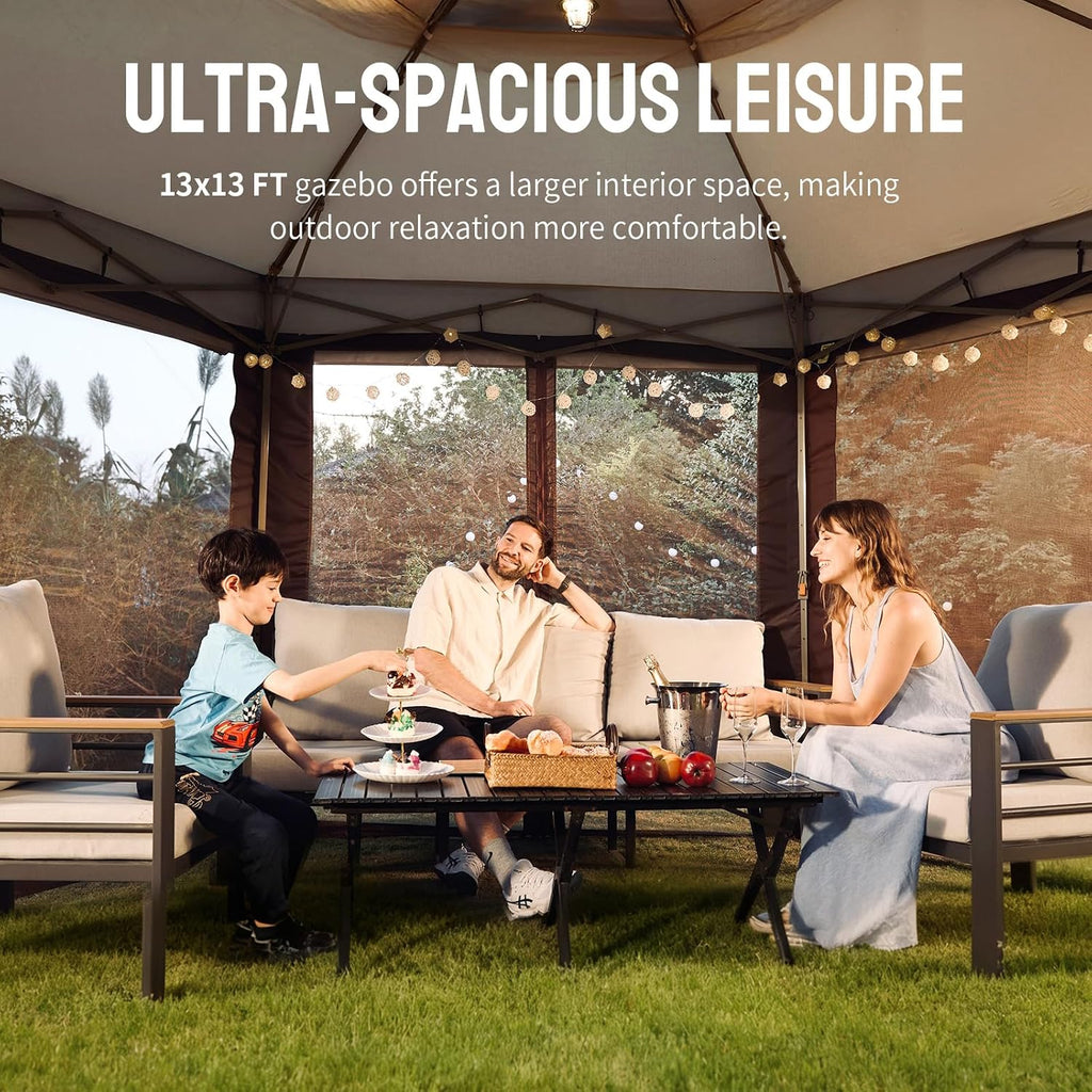 CROWN SHADES 13x13 Pop Up Gazebo with Mosquito Nettings, Patented Center Lock 6-Sided Portable Gazebo, 300D Silver-Coated Fabric UV Resistant, Pop Up Canopy Tent for Patio, Party, Beige&Coffee