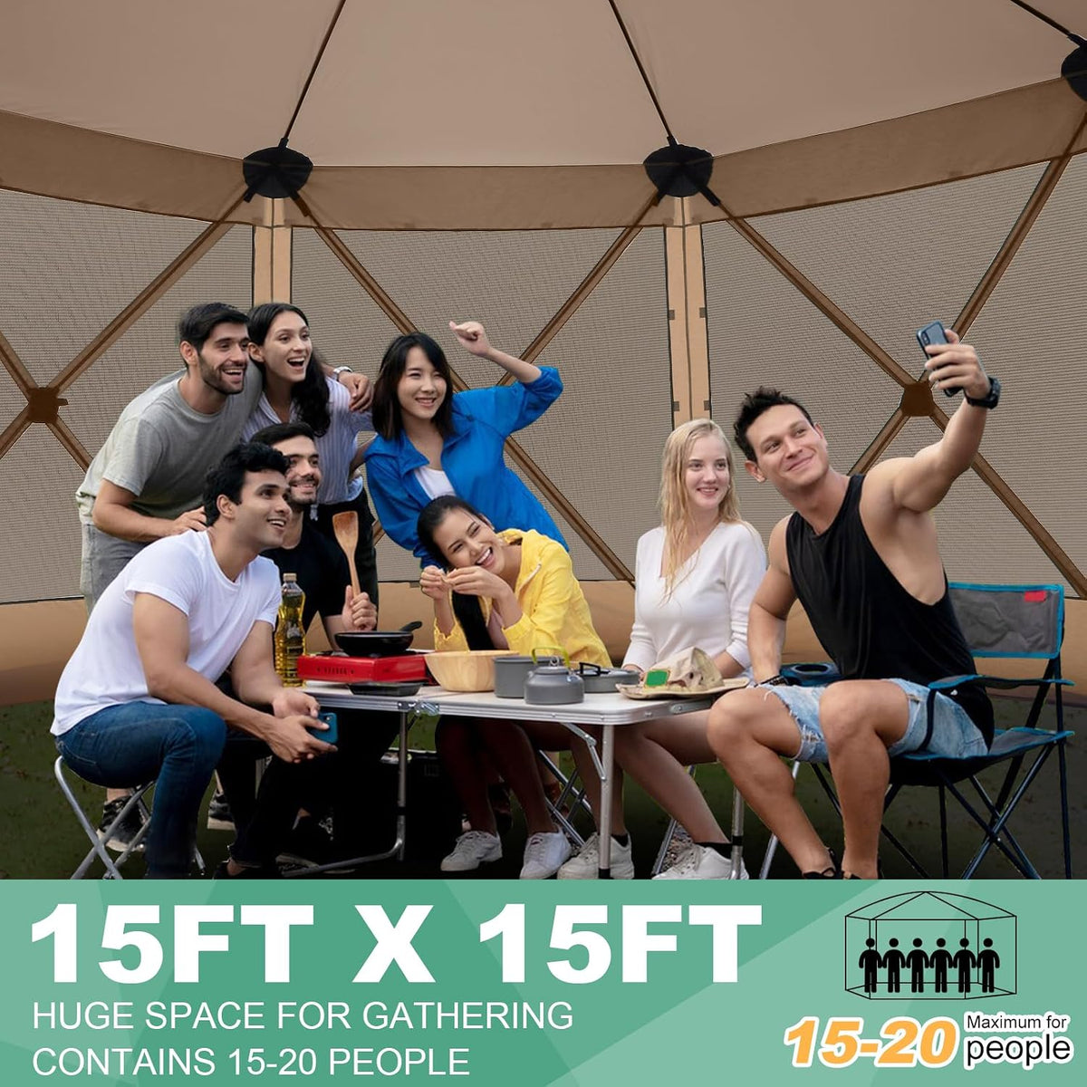 COBIZI 15x15 FT Pop Up Gazebo - Canopy Tent, Large Gazebos On Clearance with Sidewalls,carpas para Patio,Screened in Gazebo,Portable Screen Tents for 12-15 Persons Outdoor Camping, Backyard, Khaki