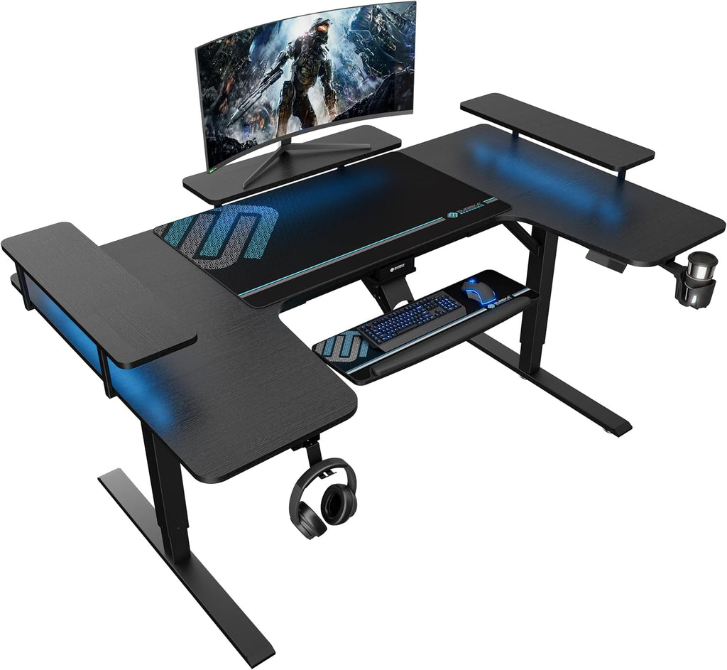 EUREKA ERGONOMIC Standing Desk with Keyboard Tray,U-Shaped 74 Inch Large Gaming Desk,Electric Height Adjustable Music Studio Desk w LED Convertible Shelves