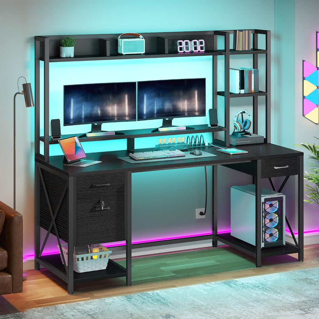 YITAHOME Computer Desk with Drawers & Hutch, 59.1' Office Desk with LED Lights & Power Outlets, Gaming Desk with Monitor Stand & Storage Shelves, Black