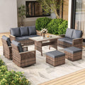 MELLCOM 7-Piece Patio Conversation Set, Outdoor Swivel Glide Chairs with Ottomans, 3-Seat Sofa, Loveseat & Dining Table, All-Weather Furniture Set with Water-Resistant Cushion & High Back for Backyard