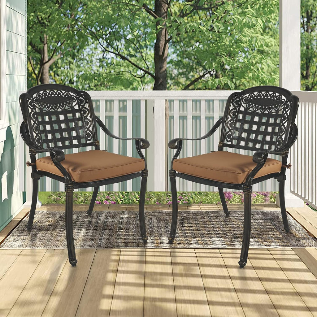 MEETWARM 2 Piece Patio Dining Chairs with Cushions, Outdoor All-Weather Cast Aluminum Chairs, Patio Bistro Dining Chair Set of 2 for Garden Deck Backyard, Dark Bronze