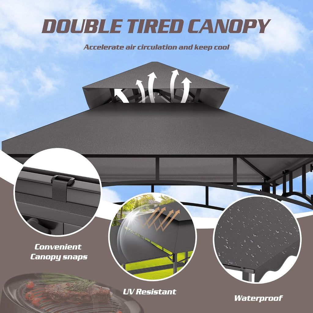 8'X8' Grill Gazebo Canopy - Heavy Duty Steel Frame, Double Tiered Grill Canopy for Outdoor Grill W/Shelves, Ceiling Hooks and Ground Stakes, Outdoor Patio Canopys Tent BBQ Gazebo Backyard(Grey)