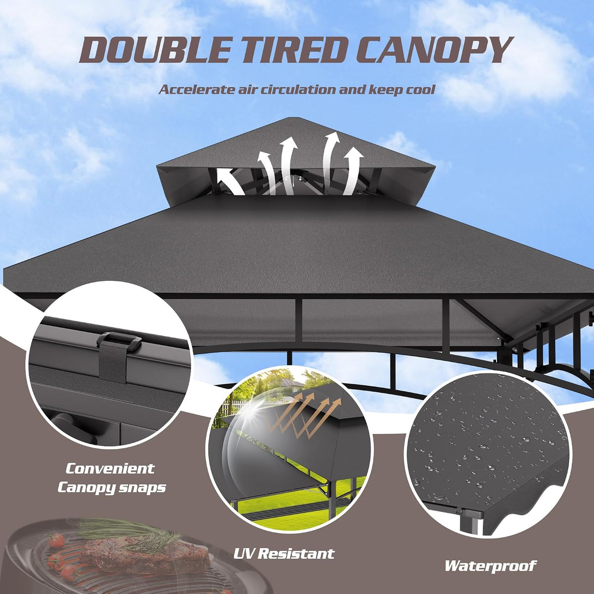 8'X8' Grill Gazebo Canopy - Heavy Duty Steel Frame, Double Tiered Grill Canopy for Outdoor Grill W/Shelves, Ceiling Hooks and Ground Stakes, Outdoor Patio Canopys Tent BBQ Gazebo Backyard(Grey)