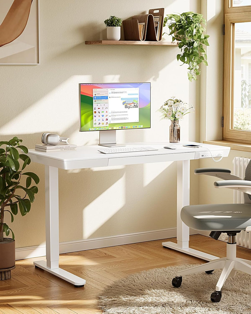 Marsail Electric Standing Desk with Drawers,48 x 24 inch Height Adjustable Standing Desk, Whole-Piece Table with Storage & USB Charging Ports, Small Computer Desk for Home Office White