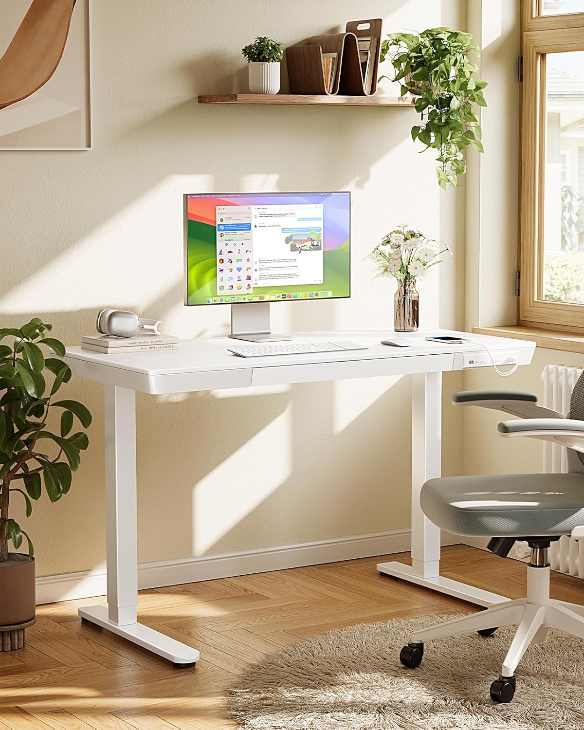Marsail Electric Standing Desk with Drawers,48 x 24 inch Height Adjustable Standing Desk, Whole-Piece Table with Storage & USB Charging Ports, Small Computer Desk for Home Office White