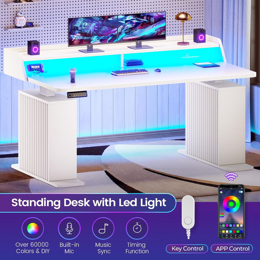 SEDETA Standing Desk with Storage, 55' Fluted Stand Up Desk with Power Outlets & LED Lights, Height Adjustable Table with Monitor Shelf for Home Office, Gaming, White