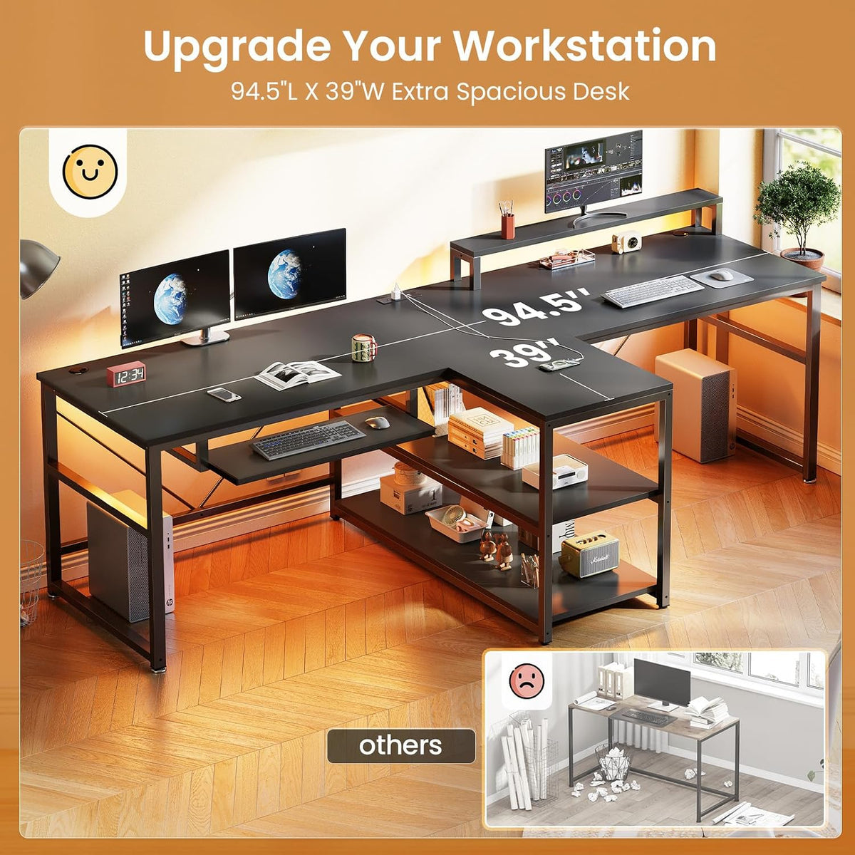 SEDETA 94.5' Office Computer Desk, 2 Person Gaming Desk with Storage, LED Lights, Keyboard Tray, Power Strip with USB & Monitor Stand, Long Two Person Desk for Home Office, Black