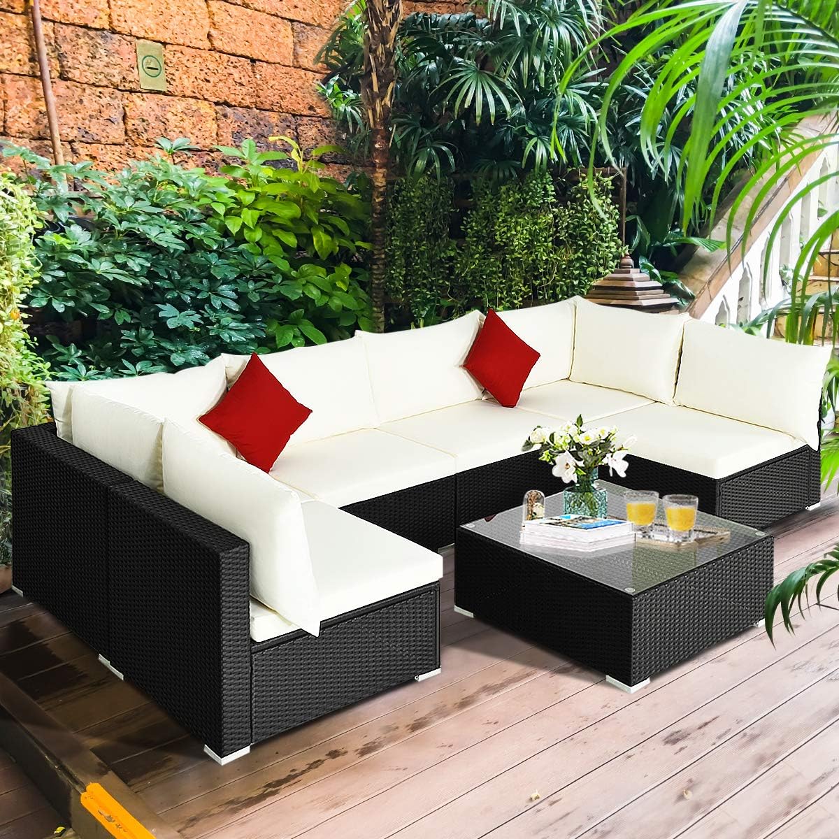 HAPPYGRILL 7-Pieces Patio Furniture Set Outdoor Rattan Wicker Sectional Sofa Set with Cushions & Pillows & Coffee Table for Garden Lawn