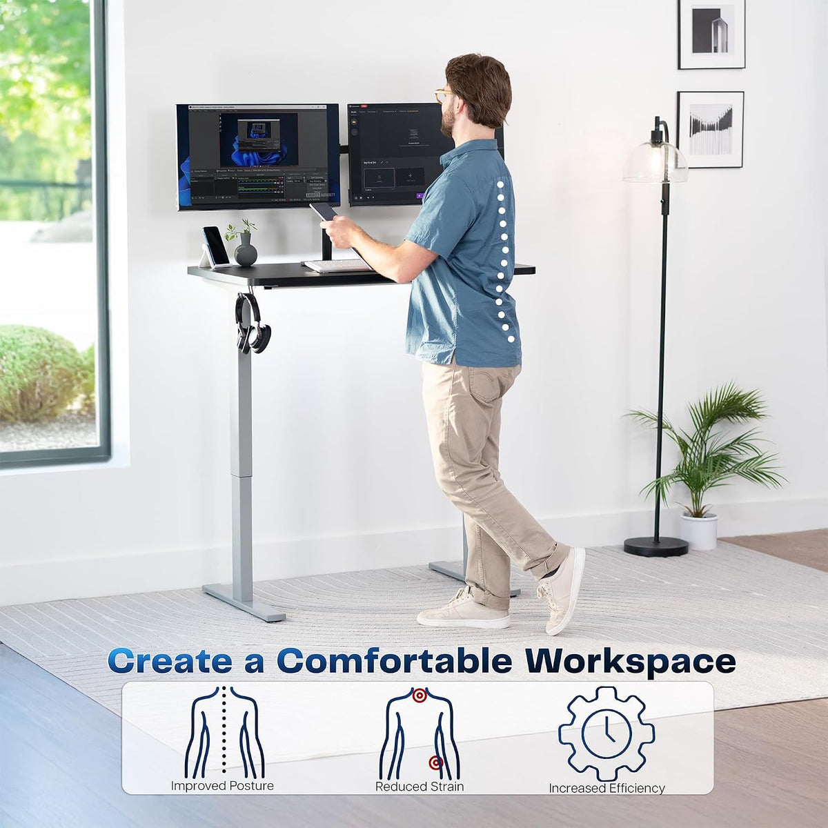 VIVO Electric 43 x 24 in Standing Desk, Memory Height Adjustment, 1B Series, Holds 220 lbs, One-Piece Black Top, Gray Frame, DESK-KIT-1G4B