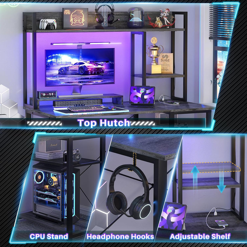 Cyclysio Gaming Desk with Hutch, 39'' Computer Desk with LED Lights & Power Outlets, Home Office Desk with Reversible 5 Tiers Storage Shelves & Monitor Stand, Small Gaming Table for Small Space, Grey