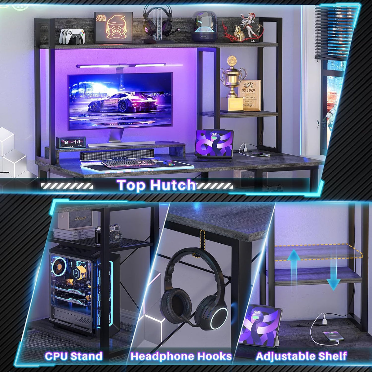 Cyclysio Gaming Desk with Hutch, 39'' Computer Desk with LED Lights & Power Outlets, Home Office Desk with Reversible 5 Tiers Storage Shelves & Monitor Stand, Small Gaming Table for Small Space, Grey
