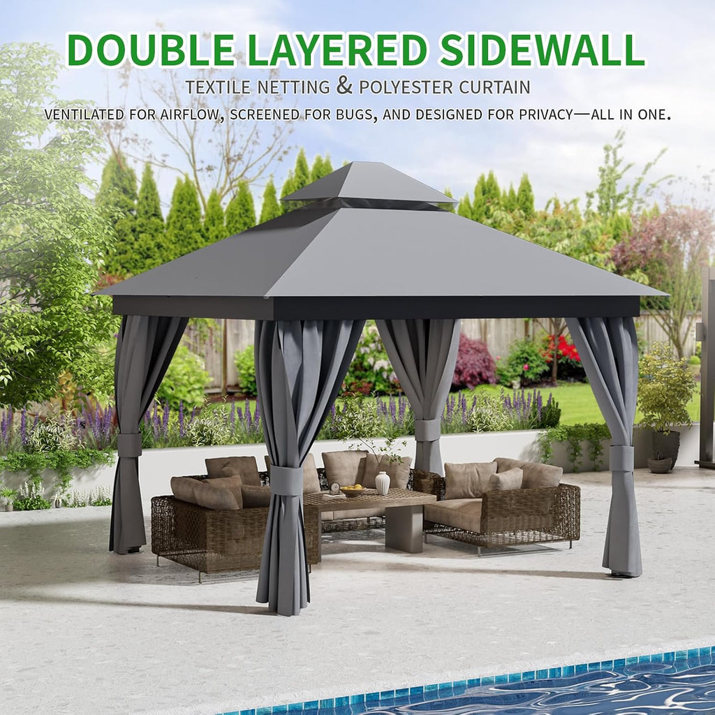 10'X10' Outdoor Patio Gazebo - Double Roofs Party Tent Gazebos with Mosquito Net and Privacy Screens Heavy Duty Steel for Backyard, Garden, Deck - Grey