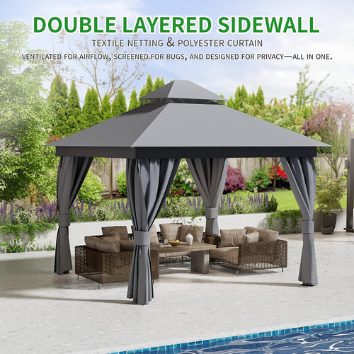 10'X10' Outdoor Patio Gazebo - Double Roofs Party Tent Gazebos with Mosquito Net and Privacy Screens Heavy Duty Steel for Backyard, Garden, Deck - Grey