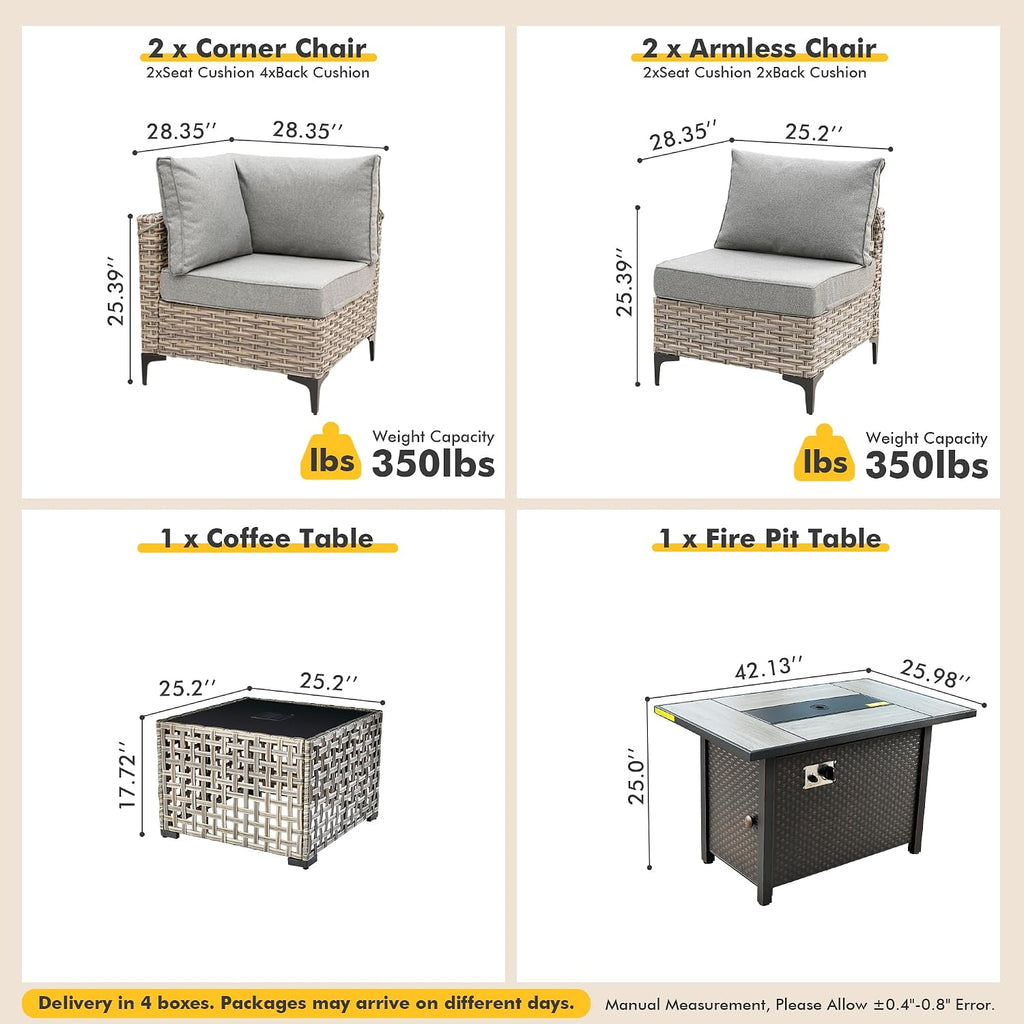 Outdoor Sectional Patio Furniture Set with Fire Pit Table and Glowing Table,6 Pieces Wicker Conversation Sets L Shaped Couch Out Door Sofa Set Outside Furniture for Garden Deck Yard,Dark Grey