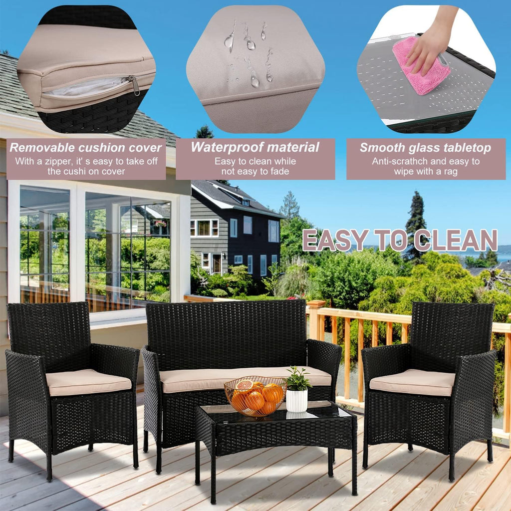 Patio Furniture Set Conversation Chairs, 4 Pieces Wicker Patio Set Outdoor Patio Seating Rattan Patio Sofa with Table for Balcony Backyard Front Porch Decor, Conversation Set with Cushion Seat, Black