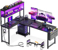 AODK L Shaped Desk Gaming Desk with LED Light & Power Outlet, 61 Inch Reversible L Shaped Computer Table with Shelf & Storage Bag & Hook for Home Office, Black