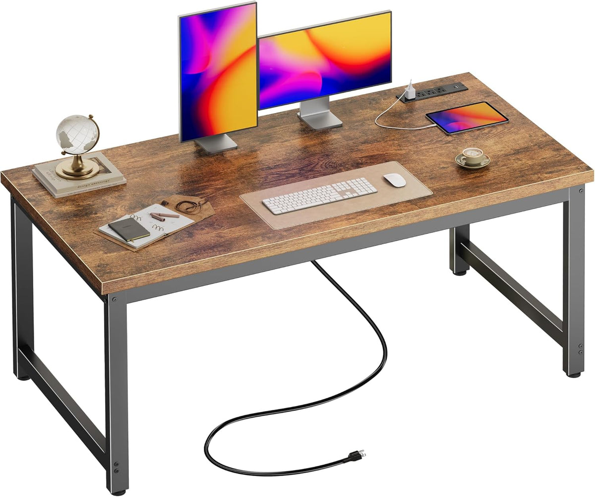 Huuger 55 x 24 inch Desk with Power Outlets & USB-C, Deeper & Thicker Desktop, Robust Metal Tubes, Computer Desk, Heavy Duty Office Desk, Work Gaming Desk for Home Office, Rustic Brown