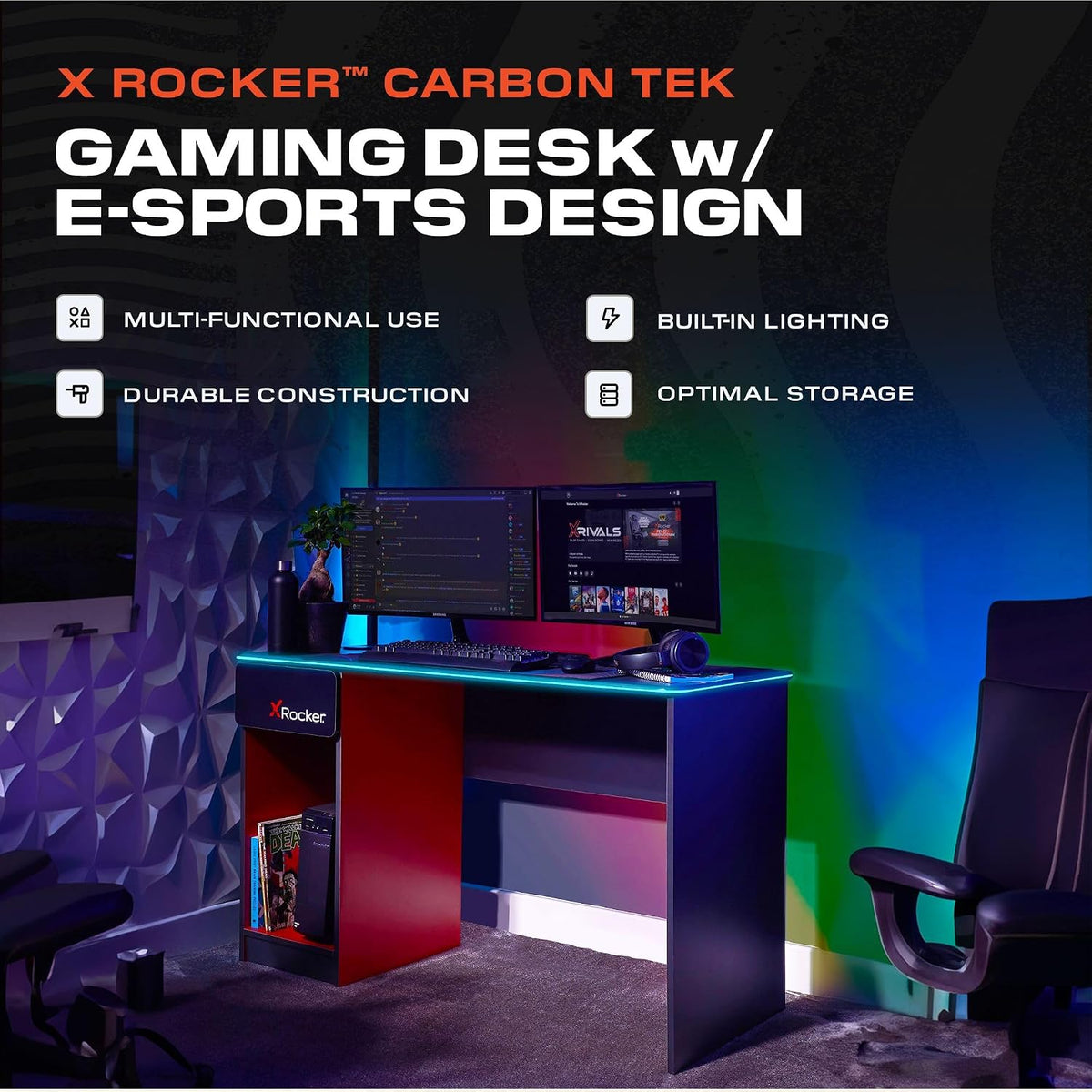X Rocker Carbon Tek LED Gaming Desk with Wireless Charging, Headphone Hook, and Cable Management