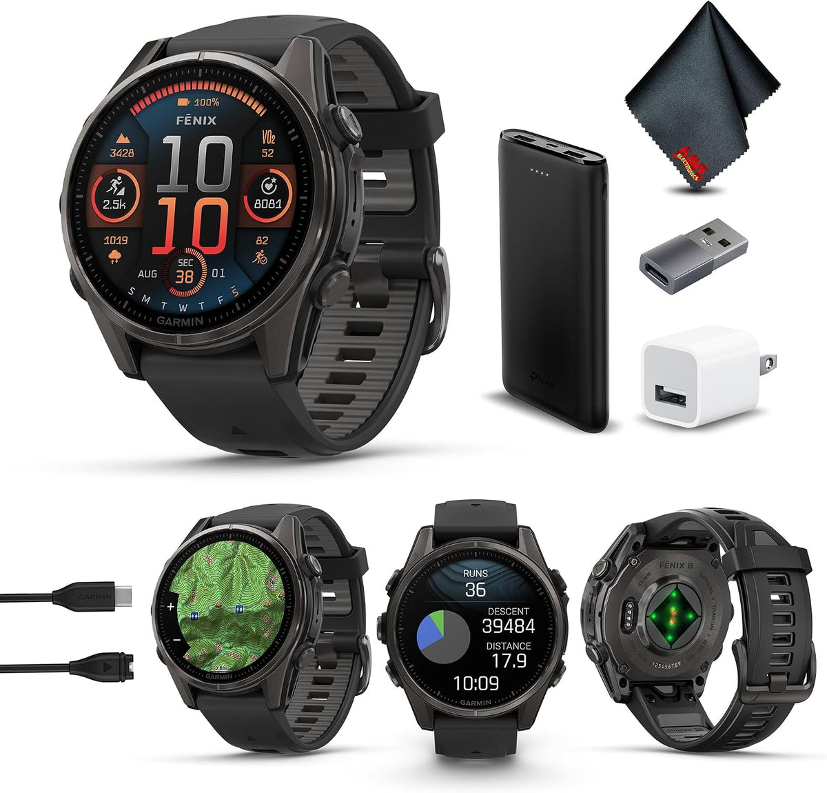 Garmin Fenix 8 43MM AMOLED Sapphire Premium Multisport GPS Smartwatch Carbon Gray DLC Titanium with Black Gray Silicone Band, LED Flashlight, Fitness & Health Smart Watch Bundle