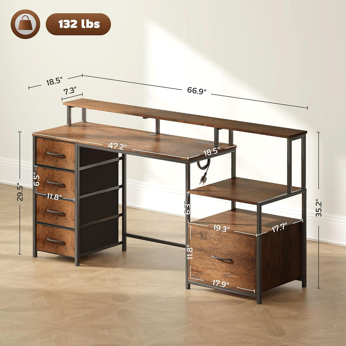 HOMCOM 67' Gaming Desk with File Cabinet and Fabric Drawers, Computer Table with Power Outlets and LED Lights, Monitor Stand and Printer Shelf, for Home Office Desk, Rustic Brown
