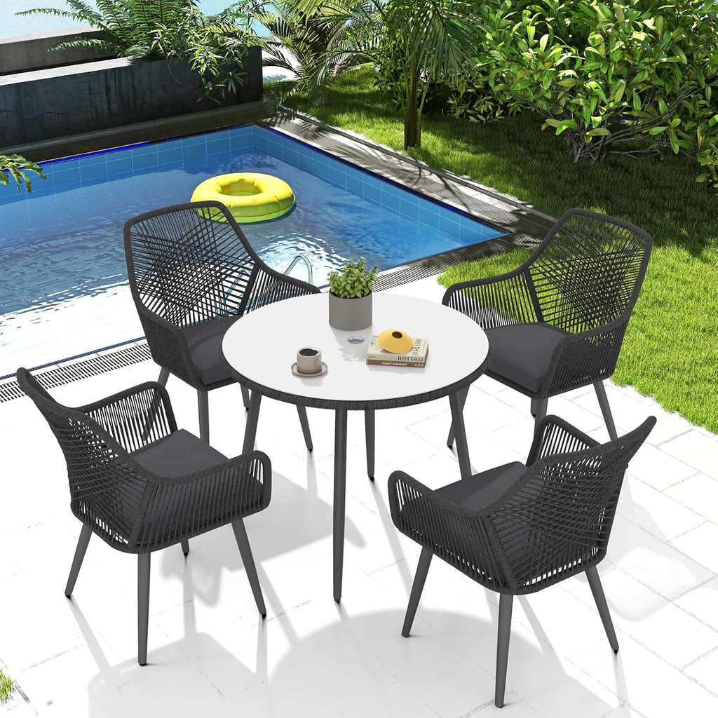 Patiorama 5-PC Patio Dining Set,Outdoor Dining Table Chair Set,All-Weather Twisted Rattan Wicker Rope Conversation Set,Patio Furniture Set w/Umbrella Hole,Cushioned Chairs&Table(Dark Grey&Cross Back)