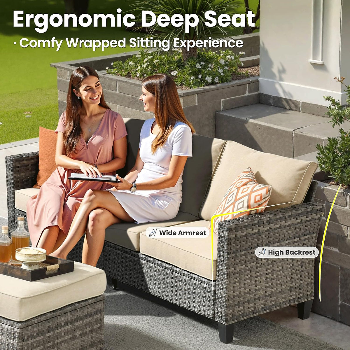 ovios 9 Pieces Patio Furniture Set, Outdoor Wicker Sofa Couch with Rocking Swivel Chairs Solar Lights Table, Modern Deep Seat Rattan Conversation Sets for Deck Porch, Beige