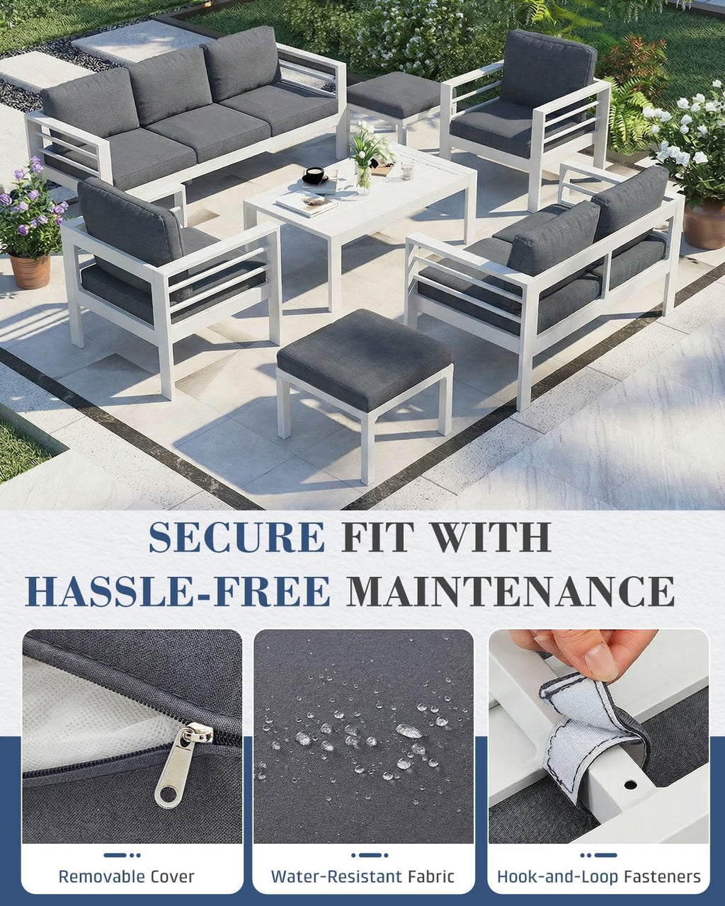 AECOJOY Aluminum Patio Furniture Set, 9 Seats Modern Outdoor Furniture with Coffee Table, 7 Pieces Metal Conversation Sectional Sofa, White Frame/Dark Gray Cushion