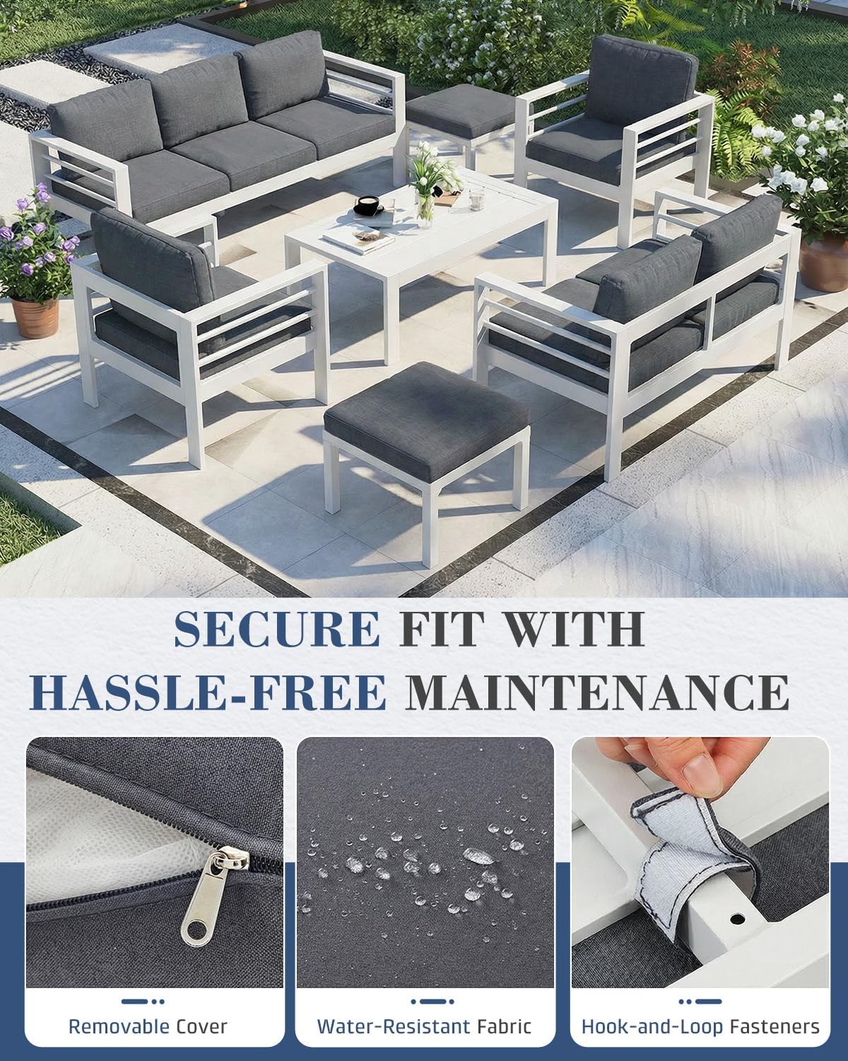 AECOJOY Aluminum Patio Furniture Set, 9 Seats Modern Outdoor Furniture with Coffee Table, 7 Pieces Metal Conversation Sectional Sofa, White Frame/Dark Gray Cushion