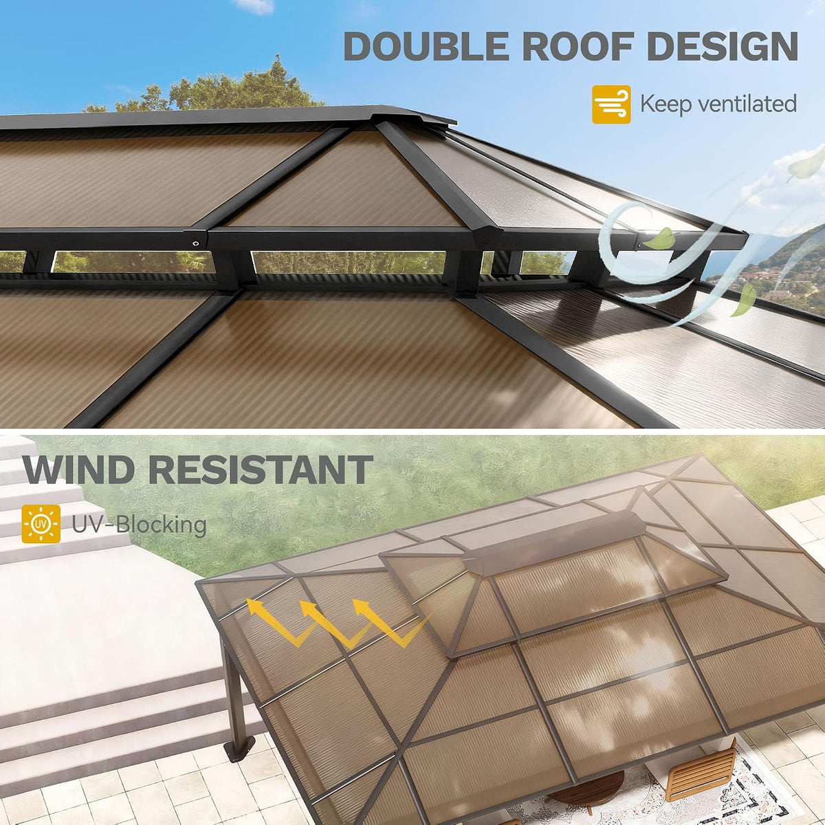DWVO 12x16ft Gazebo Hardtop Double Roof Polycarbonate Canopy Outdoor with Netting and Shaded Curtains, Metal Frame Garden Tent for Patio, Backyard, Deck and Lawns, Brown