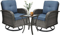 3 Piece Outdoor Swivel Rocker Patio Chairs, All-Weather Rattan Chair, Wicker Glider Patio Furniture Set with Side Table, for Garden, Backyard, Deck, Gray Rattan & Blue Cushions