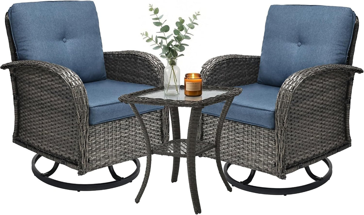 3 Piece Outdoor Swivel Rocker Patio Chairs, All-Weather Rattan Chair, Wicker Glider Patio Furniture Set with Side Table, for Garden, Backyard, Deck, Gray Rattan & Blue Cushions