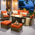 ovios 7 Pieces Patio Furniture Set with 42' Fire Pit Table, Outdoor Wicker Sofa with Swivel Chairs, All Weather High Back Rattan Couch Conversation Set, Orange Red