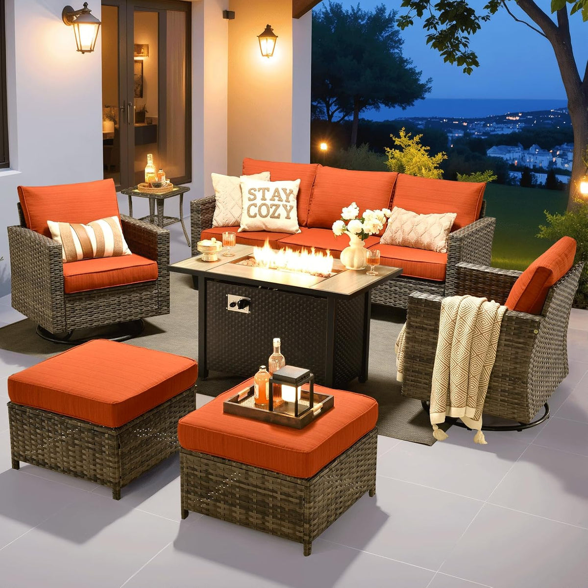 ovios 7 Pieces Patio Furniture Set with 42' Fire Pit Table, Outdoor Wicker Sofa with Swivel Chairs, All Weather High Back Rattan Couch Conversation Set, Orange Red