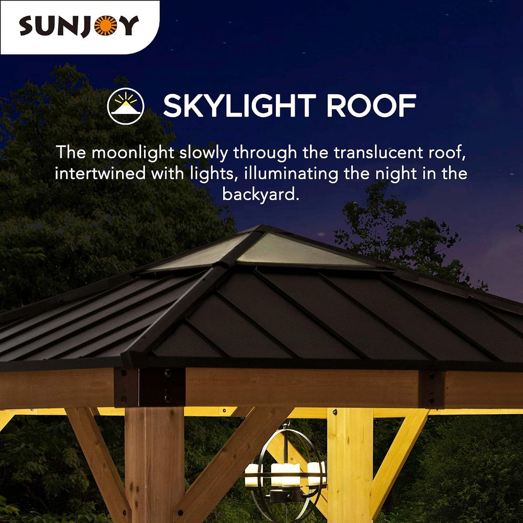 Sunjoy Hardtop Gazebo 9 x 9 ft. Upgrade Cedar Framed Wood Gazebo with Brown Steel & Polycarbonate Hip Roof Hardtop for Garden, Backyard Shade, Brown Roof + Natural Wood Frame