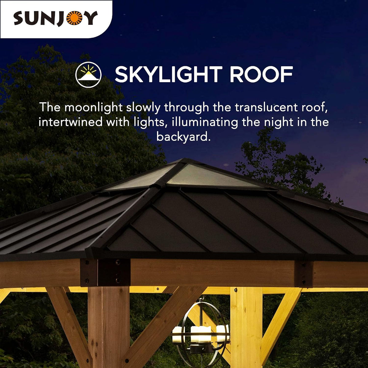 Sunjoy Hardtop Gazebo 9 x 9 ft. Upgrade Cedar Framed Wood Gazebo with Brown Steel & Polycarbonate Hip Roof Hardtop for Garden, Backyard Shade, Brown Roof + Natural Wood Frame
