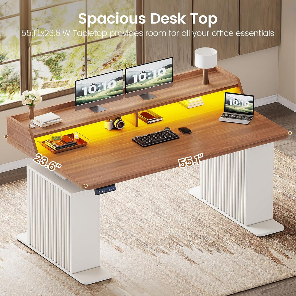 SEDETA Standing Desk with Storage, 55' Fluted Stand Up Desk with Power Outlets & LED Lights, Height Adjustable Table with Monitor Shelf for Home Office, Gaming, Brown + White