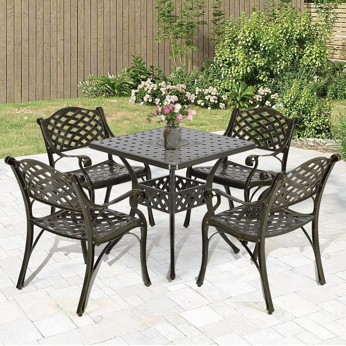 MEETWARM 5-Piece Outdoor Furniture Dining Set, All Weather Cast Aluminum Conversation Set Includes 4 Chairs and a 31.5' Square Table with 2.2' Umbrella Hole for Patio Garden Deck, Lattice Weave Design