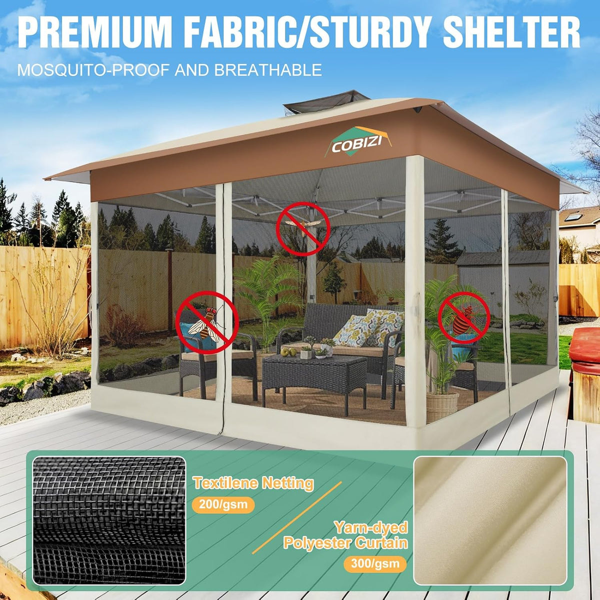 COBIZI 13x13 Pop Up Canopy Tent-Gazebos On Clearance Upgrade Metal Outdoor Canopy Waterproof - Portable Gazebo with Mosquito Nettings, 4 Ropes 8 Stakes and Carry Bag for Patio Garden(Khaki)